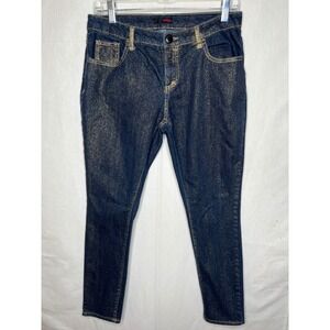 Bongo Womens Gold Metallic Glitter Skinny Jean Dark Wash Denim Stretch Size 9/10